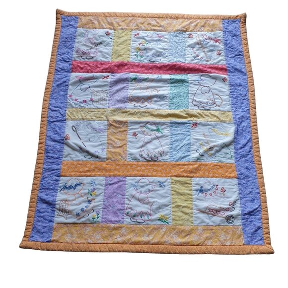Handmade Vintage Baby Quilt Embroidered Sunbonnet Sue Design 38x46 Inches Multic - Picture 1 of 5